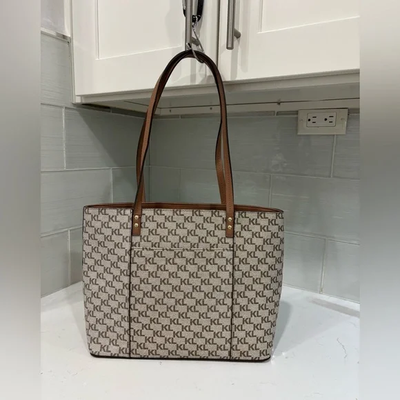 Karl Lagerfeld Paris Monogram Tote Bag Brown Logo Canvas Shoulder Bag w/ Charms - Picture 4 of 12